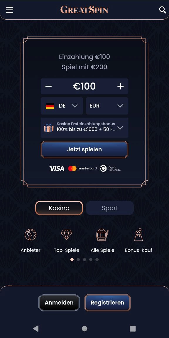 Interface mobile moderne du site GeatSpin casino avec
