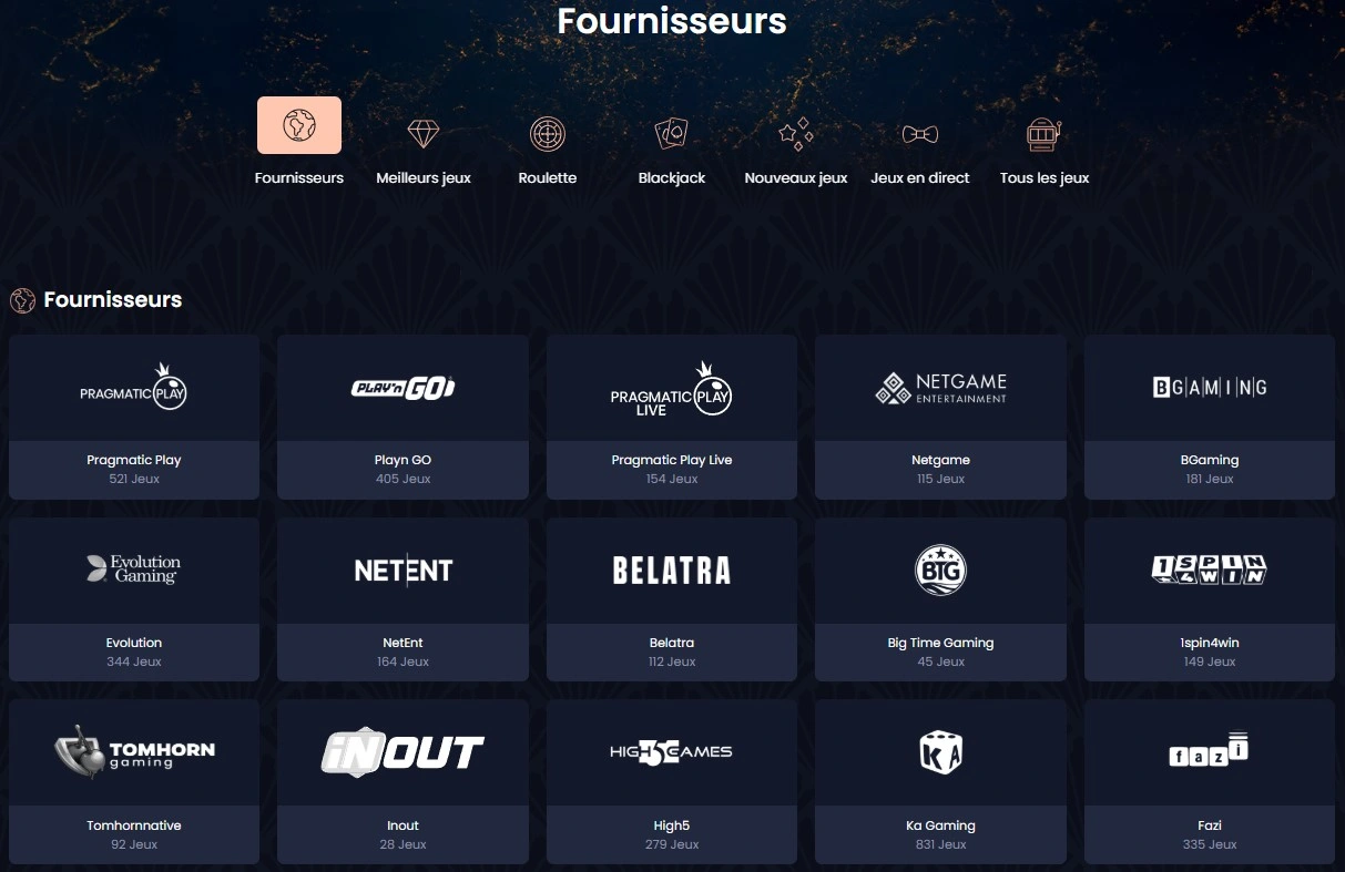 Machines classées par studios de développement sur GreatSpin Casino