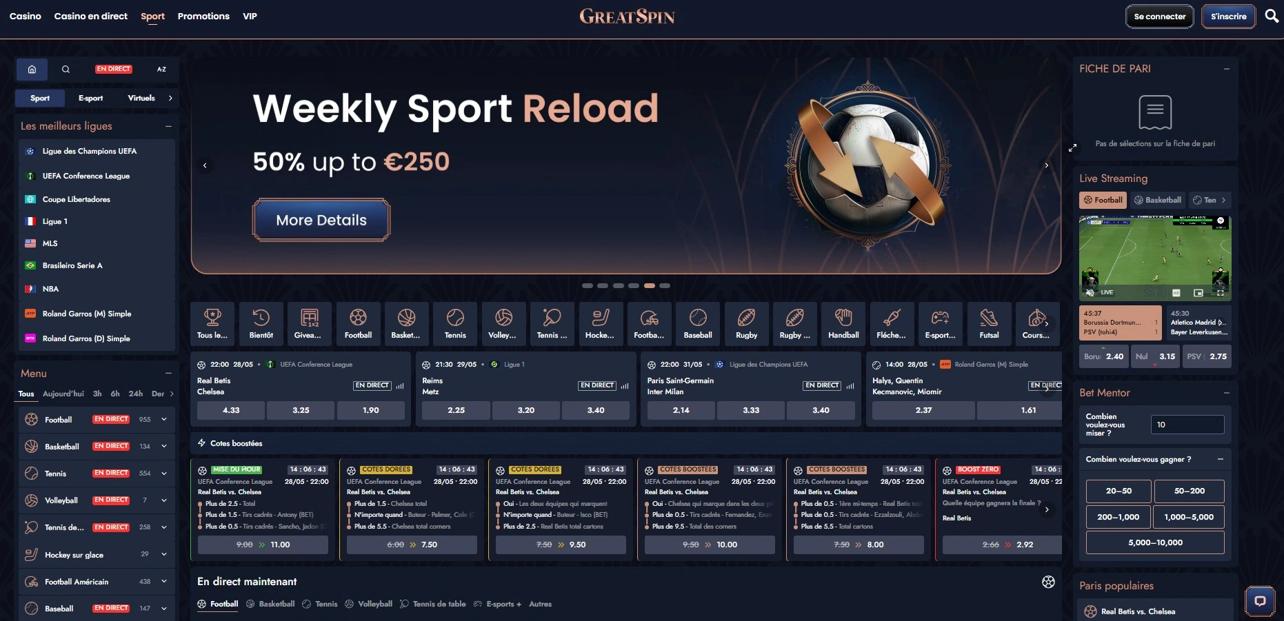 Options de paris avant-matchs disponibles chez GreatSpin Casino